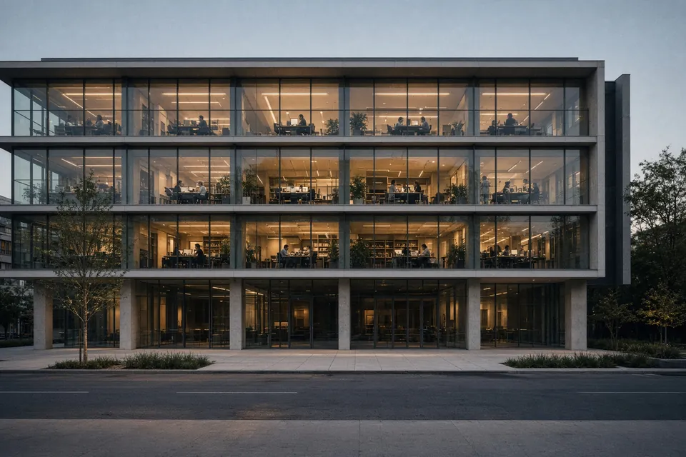 A glass-fronted office building at dusk with every floor lit and people working inside