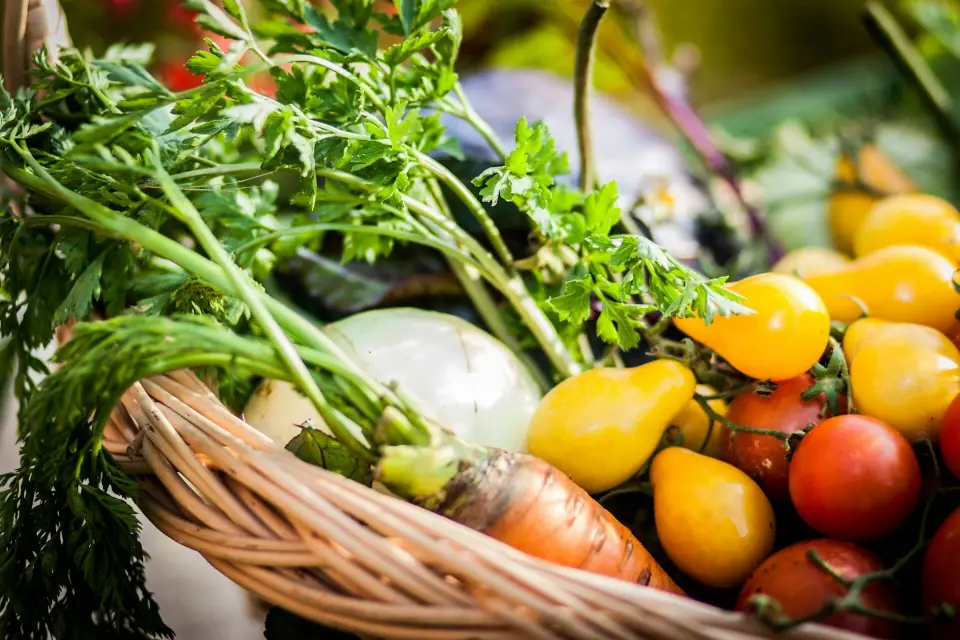 A wicker basket of carrots, tomatoes and herbs at a market stall