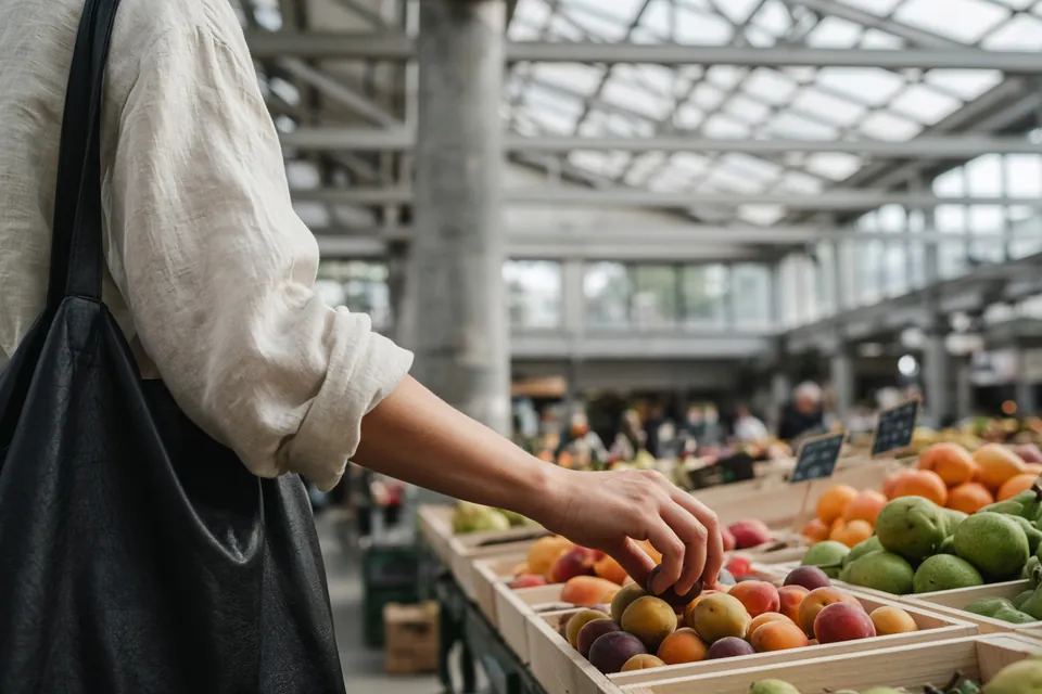 A hand reaches for fruit at a stall in a market hall with a steel and glass roof